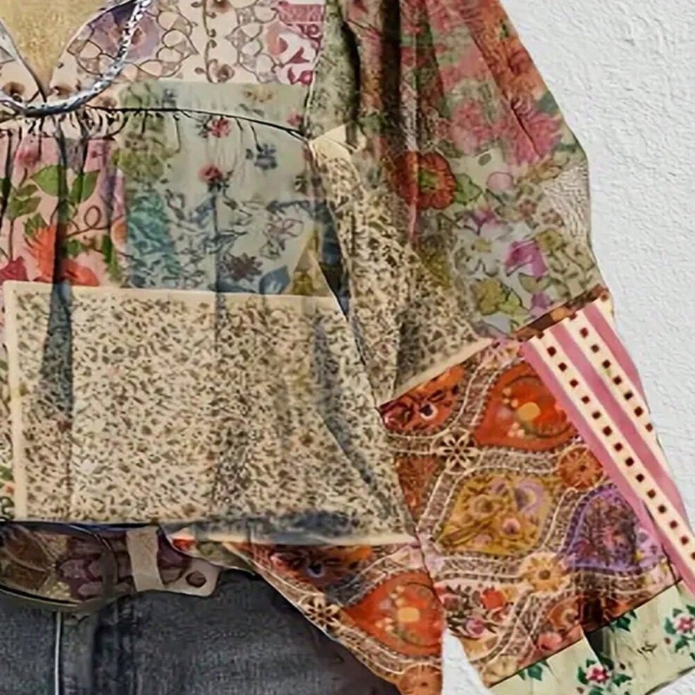 Multicolor Casual Women's All Over Print Floral Bubble Sleeve Top with Slit Neck - Picture 2 of 3